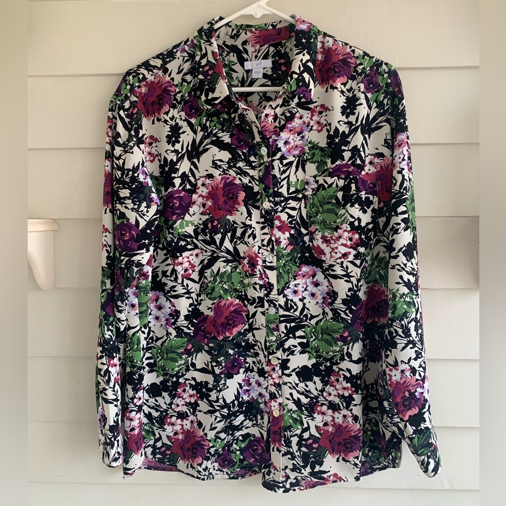 J. Jill Oat Purple Floral Button Down Long Sleeve Top Size Medium